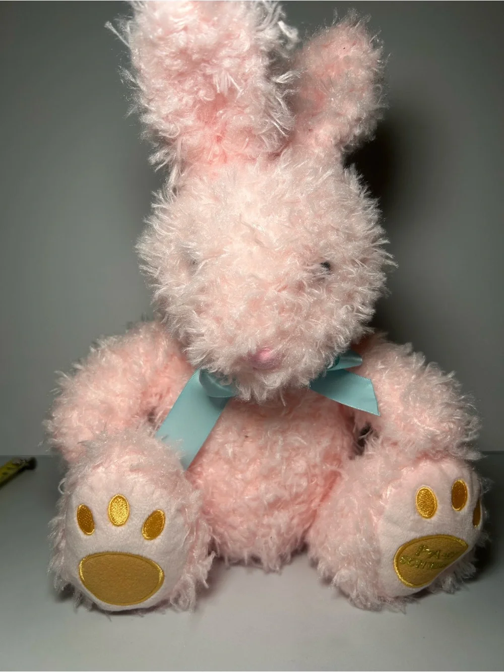 FAO Schwarz Pink Bunny Plush Rabbit Blue Ribbon Bow Stuffed Animal Toy
